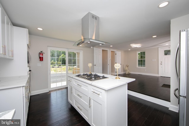 20 New St, Mullica Hill, NJ 08062 - kitchen with stainless steel gas cooktop, island range hood, freestanding refrigerator, recessed lighting, and dark wood-type flooring