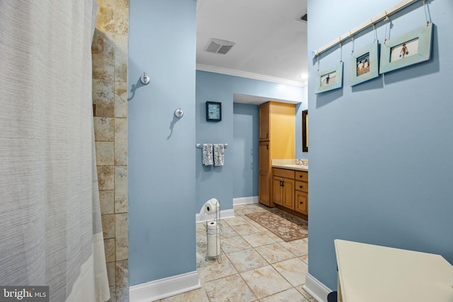 3 Adrian Pl, Newtown, PA 18940 - full bathroom with ornamental molding, vanity, baseboards, and a shower with shower curtain