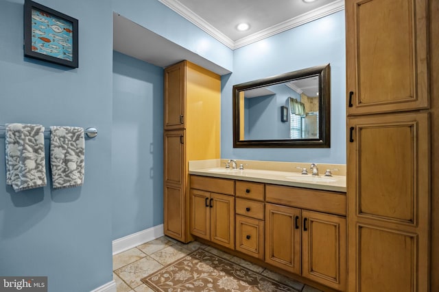 3 Adrian Pl, Newtown, PA 18940 - bathroom featuring baseboards, double vanity, ornamental molding, and tile patterned floors