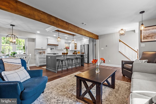 3 Adrian Pl, Newtown, PA 18940 - living room featuring dark wood-style floors, recessed lighting, beam ceiling, a chandelier, and baseboards