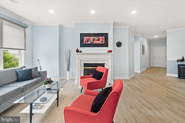 110 Chevy Chase St Unit 301, Gaithersburg, MD 20878 - living room with crown molding, light wood-type flooring, baseboards, recessed lighting, and a fireplace