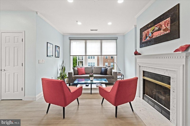 110 Chevy Chase St Unit 301, Gaithersburg, MD 20878 - living room featuring ornamental molding, wood finished floors, a fireplace, baseboards, and recessed lighting
