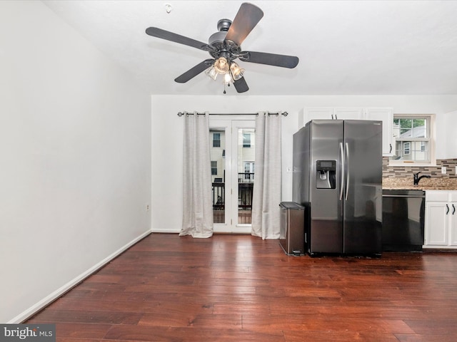 2482 Wentworth Dr Unit 2482, Crofton, MD 21114 - kitchen featuring black dishwasher, stainless steel refrigerator with ice dispenser, a ceiling fan, light stone counters, and dark wood finished floors