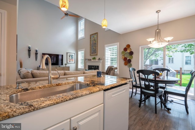 102 Warwick Way N, Wales, PA 19454 - kitchen featuring white dishwasher, a sink, a fireplace, dark wood finished floors, and hanging light fixtures