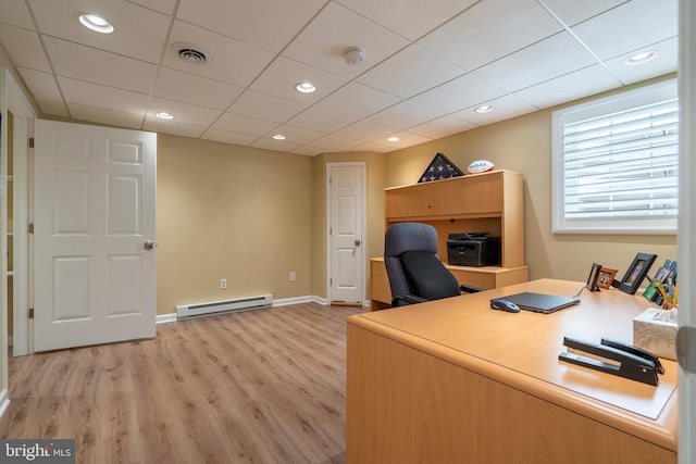 102 Warwick Way N, Wales, PA 19454 - home office with a baseboard heating unit, light wood-style floors, a drop ceiling, and baseboards