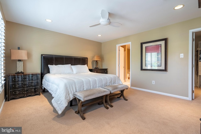 102 Warwick Way N, Wales, PA 19454 - bedroom featuring light carpet, baseboards, recessed lighting, a ceiling fan, and connected bathroom