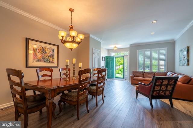 102 Warwick Way N, Wales, PA 19454 - dining space with wood finished floors, ornamental molding, a chandelier, recessed lighting, and baseboards