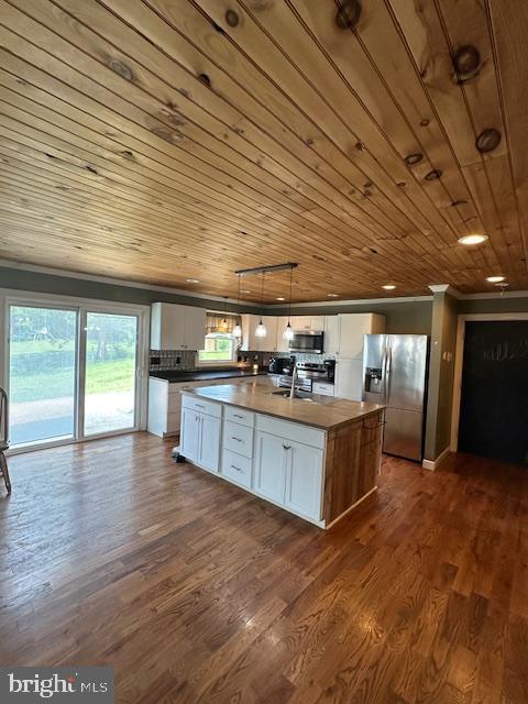 121 Defense Ct, Hedgesville, WV 25427 - kitchen featuring stainless steel appliances, white cabinetry, wood ceiling, a center island with sink, and dark wood-style floors