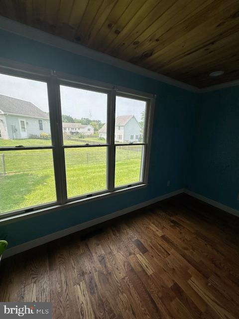 121 Defense Ct, Hedgesville, WV 25427 - spare room featuring wood ceiling, baseboards, and dark wood-style floors