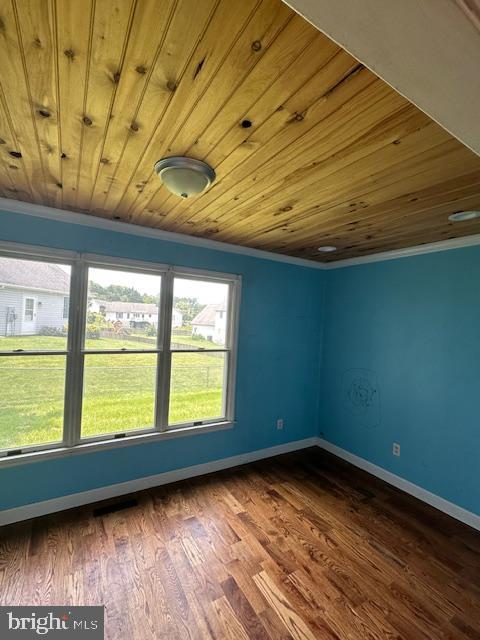 121 Defense Ct, Hedgesville, WV 25427 - unfurnished room featuring wood ceiling, crown molding, baseboards, and dark wood-style flooring