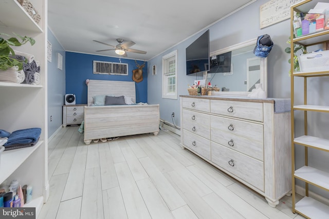 535 Friesburg Aldine, Elmer, NJ 08318 - bedroom featuring light wood-type flooring, a baseboard radiator, ceiling fan, and crown molding