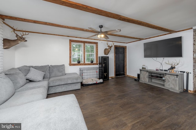535 Friesburg Aldine, Elmer, NJ 08318 - living area featuring dark wood-style flooring, beam ceiling, and a ceiling fan