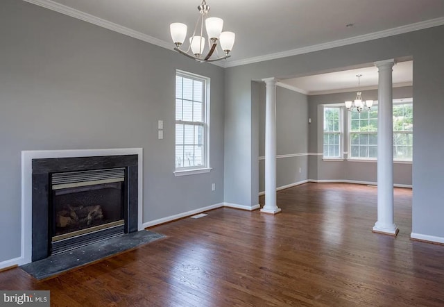 6215 Erland Way, Lanham, MD 20706 - unfurnished living room with a chandelier, wood finished floors, baseboards, a glass covered fireplace, and crown molding