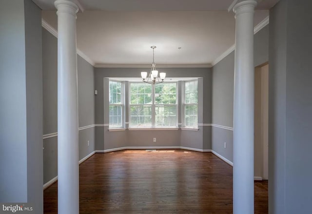 6215 Erland Way, Lanham, MD 20706 - unfurnished room with decorative columns, wood finished floors, a chandelier, ornamental molding, and baseboards