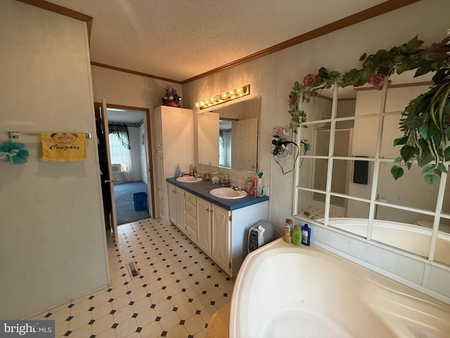 205 Jacob Dr, Moorefield, WV 26836 - full bathroom with tile patterned floors, ornamental molding, double vanity, a garden tub, and a textured ceiling