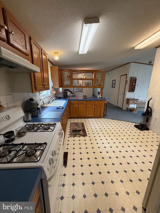 205 Jacob Dr, Moorefield, WV 26836 - kitchen with gas range gas stove, exhaust hood, brown cabinetry, a textured ceiling, and tile patterned floors