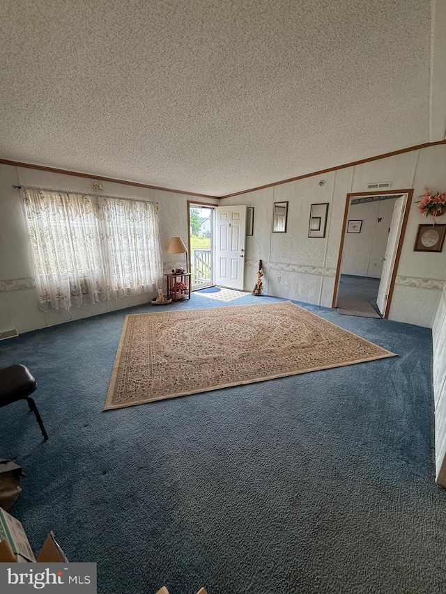 205 Jacob Dr, Moorefield, WV 26836 - unfurnished living room with a textured ceiling, carpet flooring, and crown molding