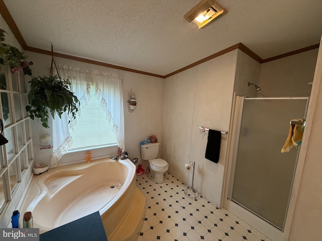 205 Jacob Dr, Moorefield, WV 26836 - bathroom with a stall shower, a bath, tile patterned floors, toilet, and ornamental molding
