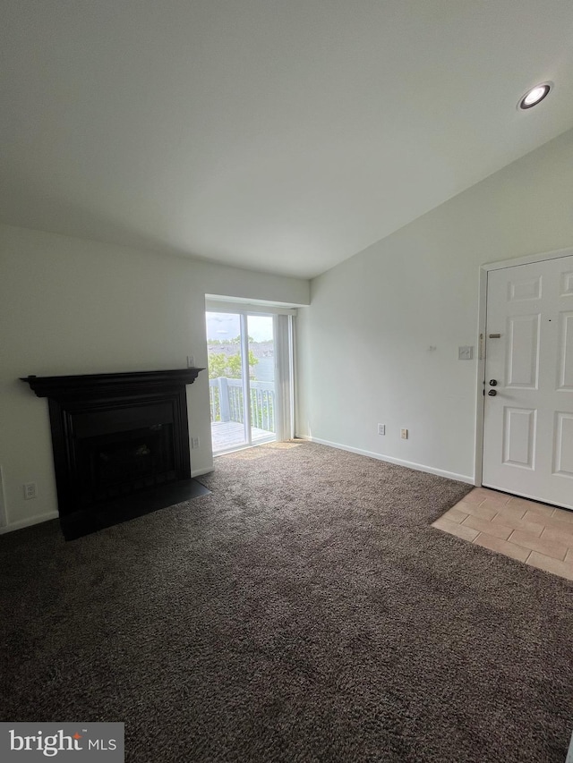 2046 Lucas Ln, Voorhees, NJ 08043 - unfurnished living room featuring carpet floors, a fireplace with flush hearth, baseboards, and recessed lighting