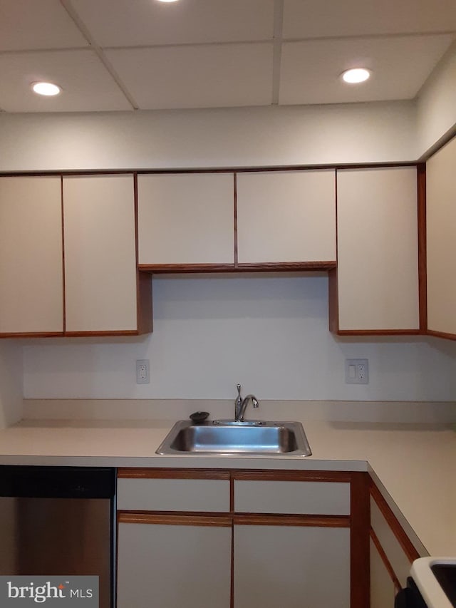 2046 Lucas Ln, Voorhees, NJ 08043 - kitchen featuring a sink, dishwasher, white cabinetry, light countertops, and recessed lighting