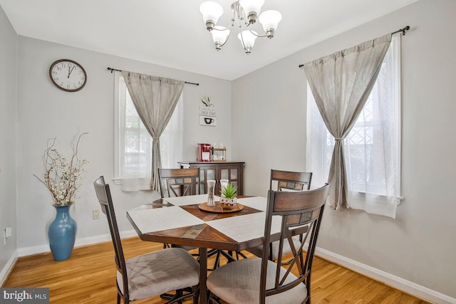 7215 Conley St, Baltimore, MD 21224 - dining area with a chandelier, light wood-style floors, and baseboards