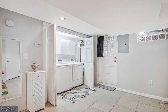 7215 Conley St, Baltimore, MD 21224 - laundry room featuring electric panel, light tile patterned flooring, recessed lighting, baseboards, and washing machine and clothes dryer