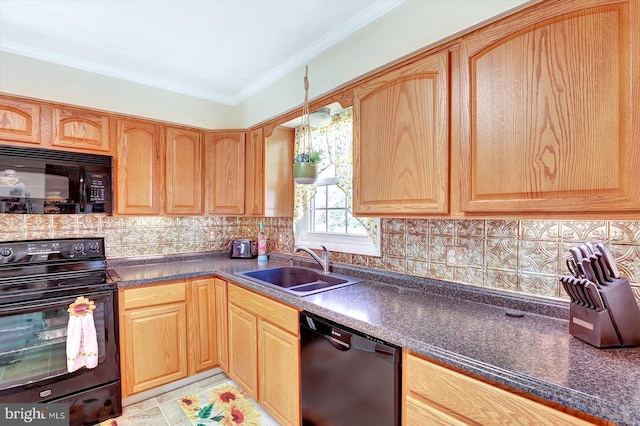 3476 Messersmith Rd, York, PA 17408 - kitchen with black appliances, a sink, light brown cabinets, tasteful backsplash, and dark countertops