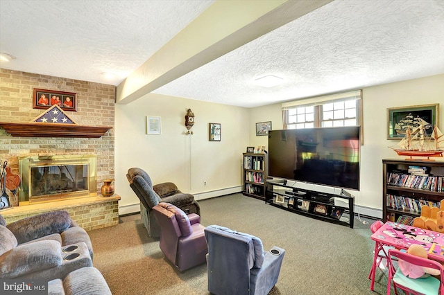 3476 Messersmith Rd, York, PA 17408 - carpeted living area featuring baseboard heating, a textured ceiling, baseboards, and a fireplace