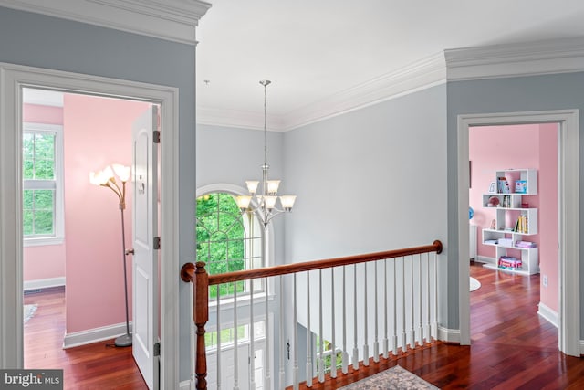 4300 Mountain Laurel Way, Brandywine, MD 20613 - corridor featuring hardwood / wood-style floors, an upstairs landing, a chandelier, baseboards, and crown molding