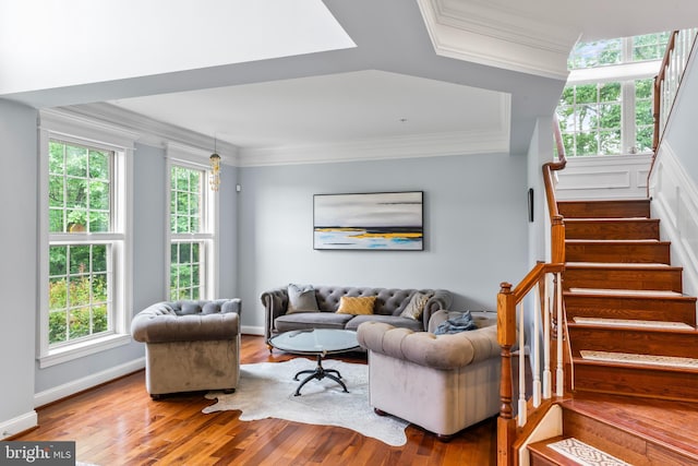 4300 Mountain Laurel Way, Brandywine, MD 20613 - living room featuring wood finished floors, stairway, ornamental molding, and baseboards