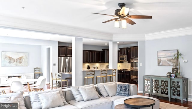 4300 Mountain Laurel Way, Brandywine, MD 20613 - living area with ceiling fan, ornamental molding, recessed lighting, and wood finished floors