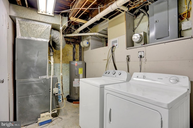 503 W 27th St, Baltimore, MD 21211 - laundry room featuring electric water heater, electric panel, washing machine and clothes dryer, and heating unit