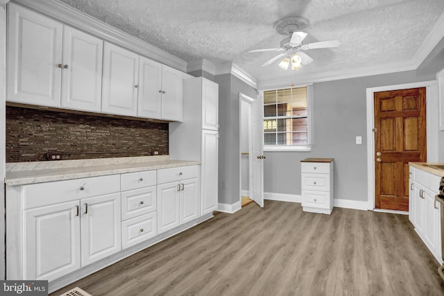 503 W 27th St, Baltimore, MD 21211 - kitchen with a ceiling fan, white cabinetry, light wood-style floors, light countertops, and ornamental molding
