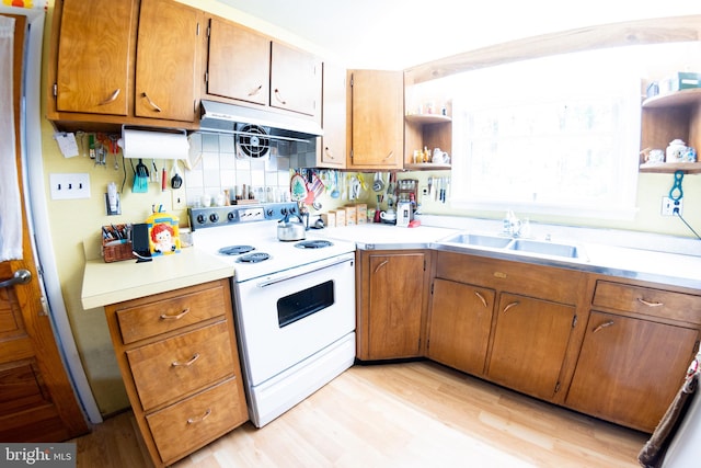 2720 Hidden Valley Rd, Accokeek, MD 20607 - kitchen with white range with electric cooktop, open shelves, a sink, light wood-type flooring, and light countertops