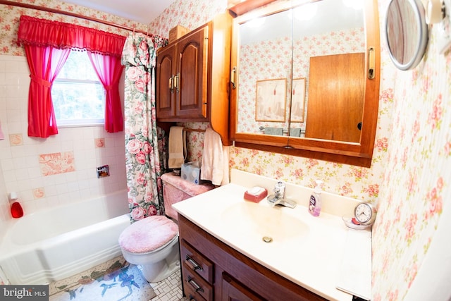 2720 Hidden Valley Rd, Accokeek, MD 20607 - bathroom with wallpapered walls, vanity, toilet, and shower / bath combination with curtain
