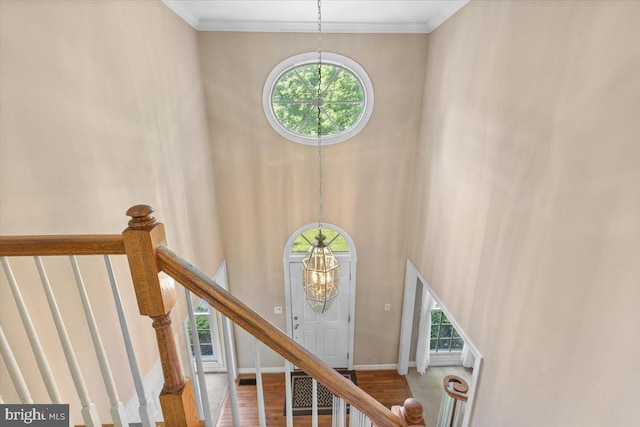1381 Sunwood Ter, Annapolis, MD 21409 - stairway featuring a chandelier, healthy amount of natural light, a high ceiling, crown molding, and wood finished floors