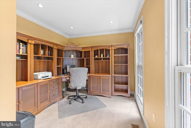 1381 Sunwood Ter, Annapolis, MD 21409 - home office featuring built in desk, light carpet, crown molding, and recessed lighting