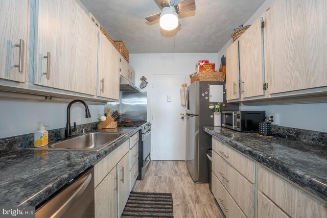 7900 Old York Rd Unit 704-B, Elkins Park, PA 19027 - kitchen with appliances with stainless steel finishes, light wood-style flooring, under cabinet range hood, ceiling fan, and light brown cabinetry