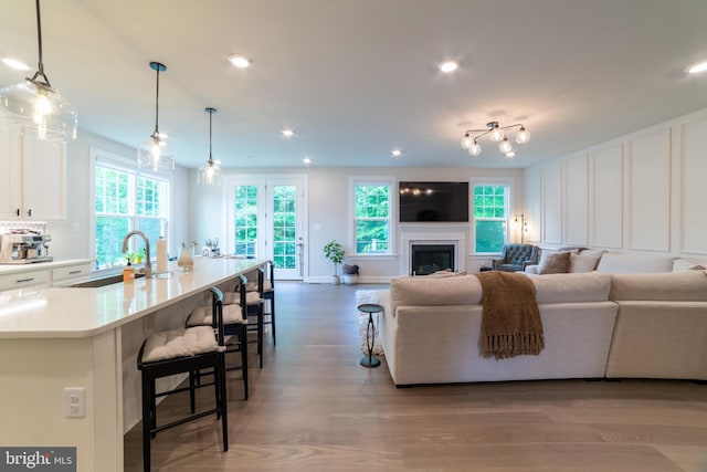 233 W Ponds Edge Dr, Media, PA 19063 - living room featuring healthy amount of natural light, wood finished floors, recessed lighting, a decorative wall, and a glass covered fireplace