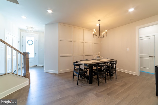 233 W Ponds Edge Dr, Media, PA 19063 - dining space with a chandelier, dark wood-style floors, baseboards, stairs, and recessed lighting