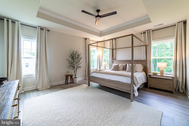 233 W Ponds Edge Dr, Media, PA 19063 - bedroom featuring a raised ceiling, crown molding, wood finished floors, baseboards, and ceiling fan