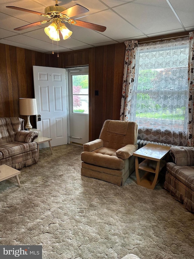 409 S Balliet St, Frackville, PA 17931 - carpeted living room featuring a ceiling fan and wood walls