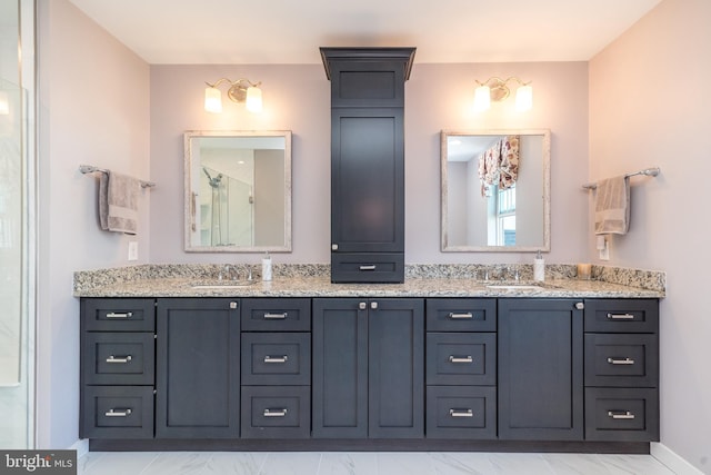 2038 Morgan Creek Dr, Quakertown, PA 18951 - full bath with double vanity, marble finish floors, an enclosed shower, and baseboards