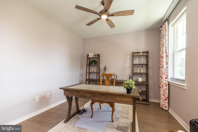 2038 Morgan Creek Dr, Quakertown, PA 18951 - home office featuring ceiling fan, dark wood-type flooring, and baseboards