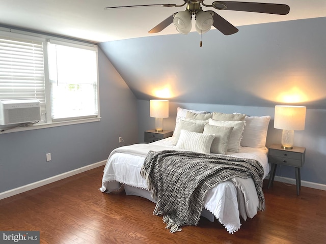 4212 Penner Ln, Fairfax, VA 22033 - bedroom featuring baseboards, lofted ceiling, wood finished floors, cooling unit, and ceiling fan