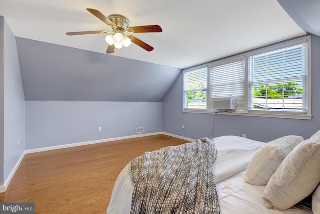 4212 Penner Ln, Fairfax, VA 22033 - bedroom featuring baseboards, wood finished floors, vaulted ceiling, ceiling fan, and cooling unit