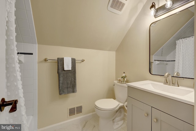 4212 Penner Ln, Fairfax, VA 22033 - full bathroom featuring vanity, toilet, marble look tile flooring, vaulted ceiling, and baseboards