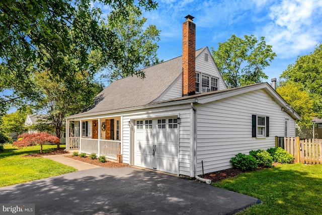 4212 Penner Ln, Fairfax, VA 22033 - view of side of property with a porch, driveway, a garage, roof with shingles, and a chimney