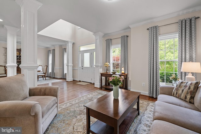 6000 Clairemont Dr, Owings, MD 20736 - living room featuring decorative columns, wood finished floors, crown molding, and baseboards