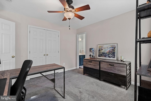 6000 Clairemont Dr, Owings, MD 20736 - office area featuring ceiling fan, light carpet, and baseboards